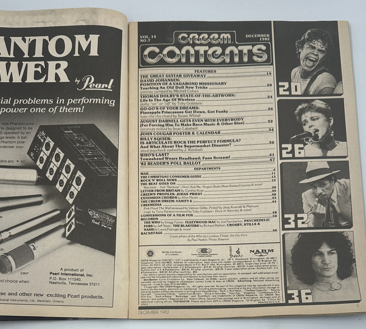 Creem Magazine December 1982 Table of Contents featuring articles on The Who and Billy Squier.