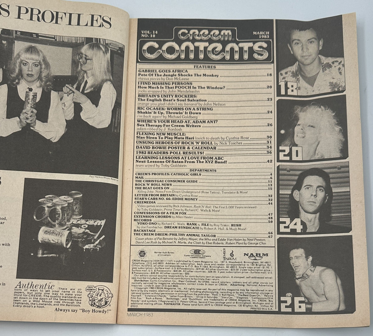 Creem Magazine March 1983 contents page showcasing features including Peter Gabriel, Missing Persons, and Adam Ant, alongside the 1982 Readers Poll results, emphasizing rock music and artists of the era.