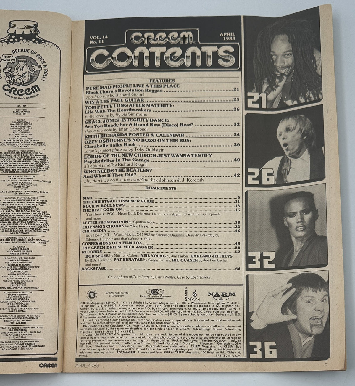 Table of contents page from Creem Magazine April 1983, listing features including Tom Petty, Ozzy Osbourne, and Grace Jones.