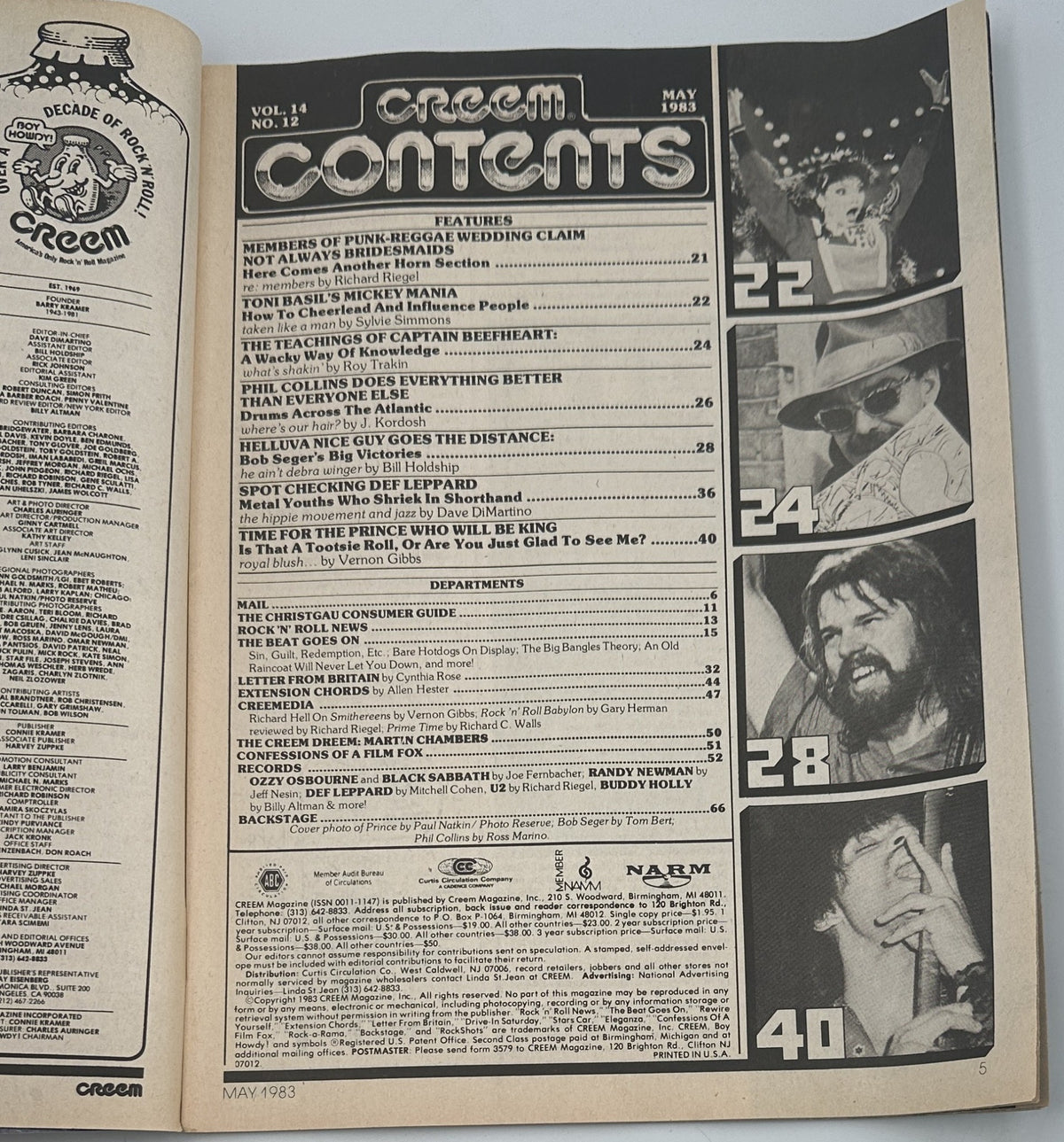 Table of Contents page from Creem Magazine May 1983, listing featured articles including Phil Collins and Def Leppard. Vintage layout showcasing the magazine's editorial structure.