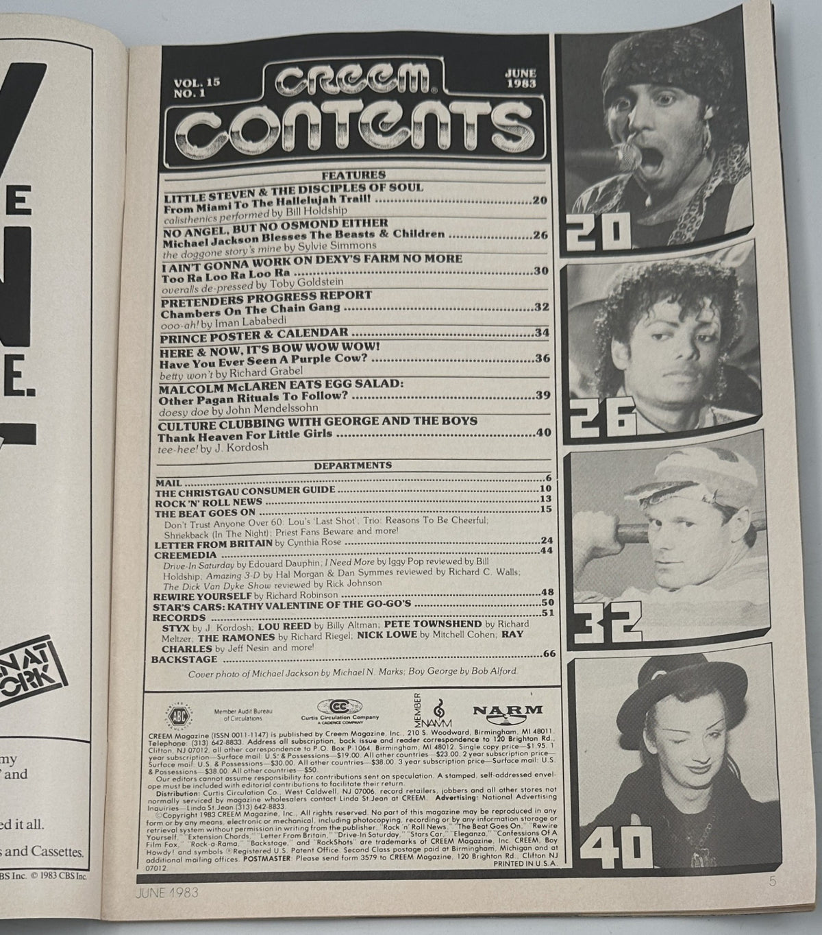 Table of Contents page from Creem Magazine June 1983, showcasing articles on Little Steven, Michael Jackson, and Culture Club, with the magazine's layout and features listed.