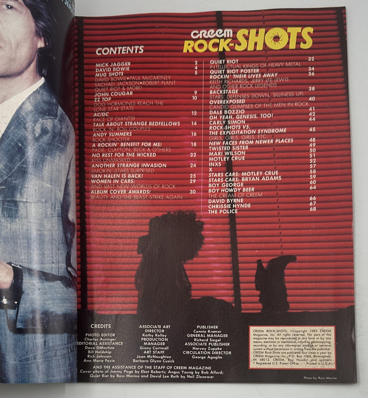 Table of contents from Creem Rock-Shots Magazine March 1984 featuring artists like Mick Jagger, David Bowie, Quiet Riot, and more.
