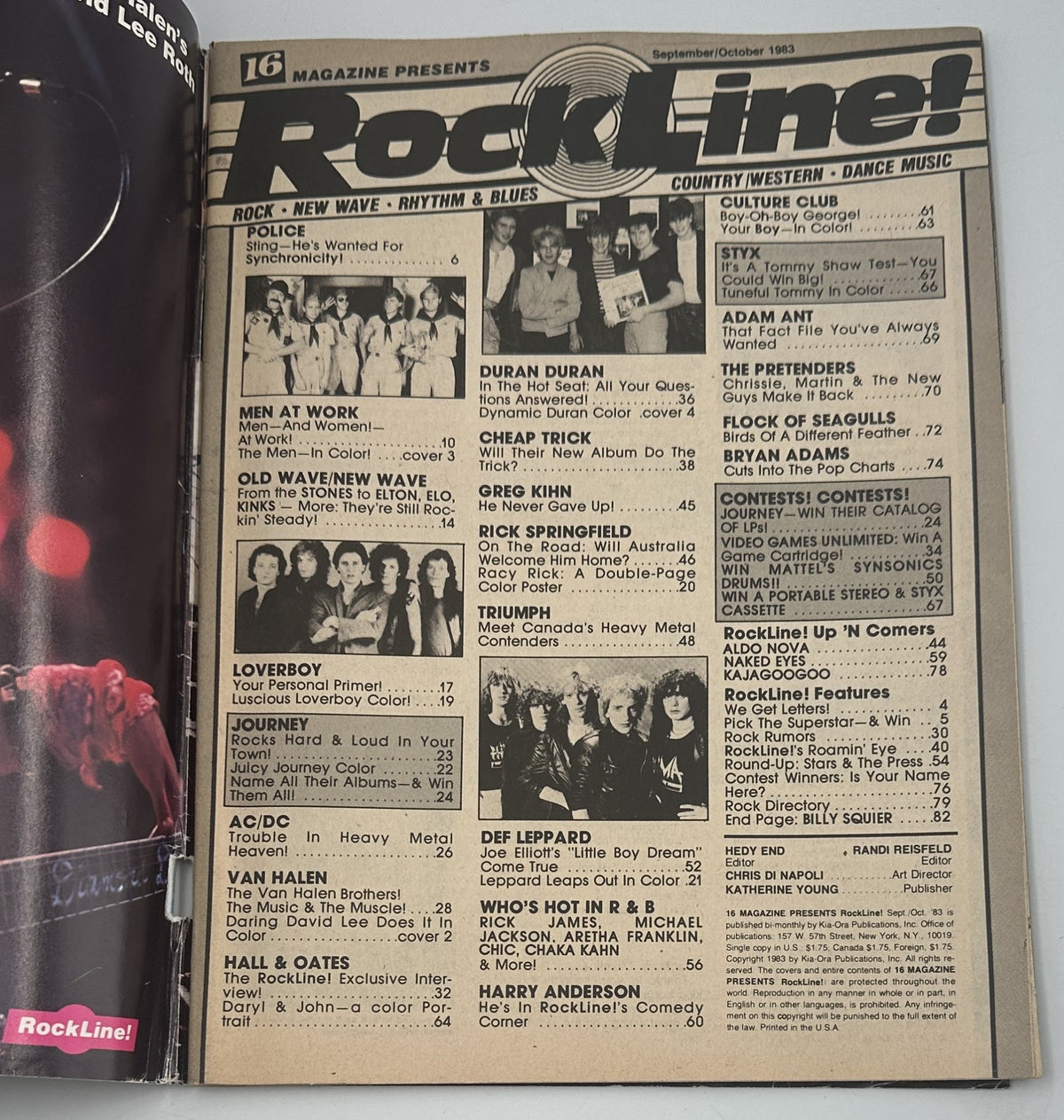 Table of contents page from 16 Magazine RockLine September October 1983 featuring articles on Police, Duran Duran, Loverboy, Hall & Oates, and more.