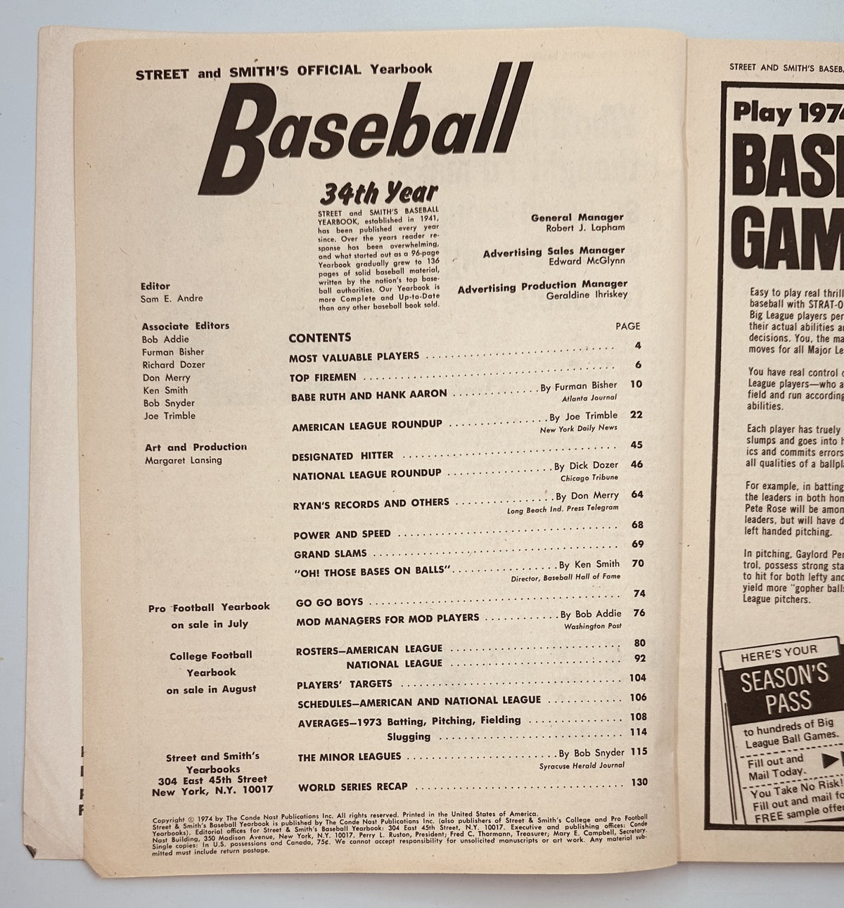 Inside page of Street and Smith’s Baseball Magazine 1974 Yearbook, displaying the table of contents with section titles about baseball players and statistics.