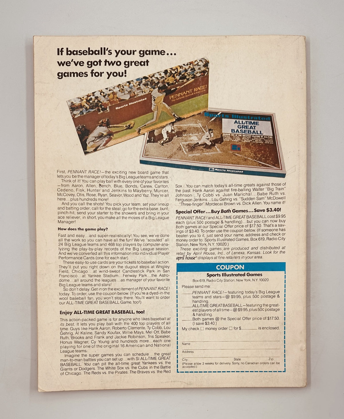 Back cover of Street and Smith’s Baseball Magazine 1974 Yearbook, featuring a promotional ad for baseball games and coupons.