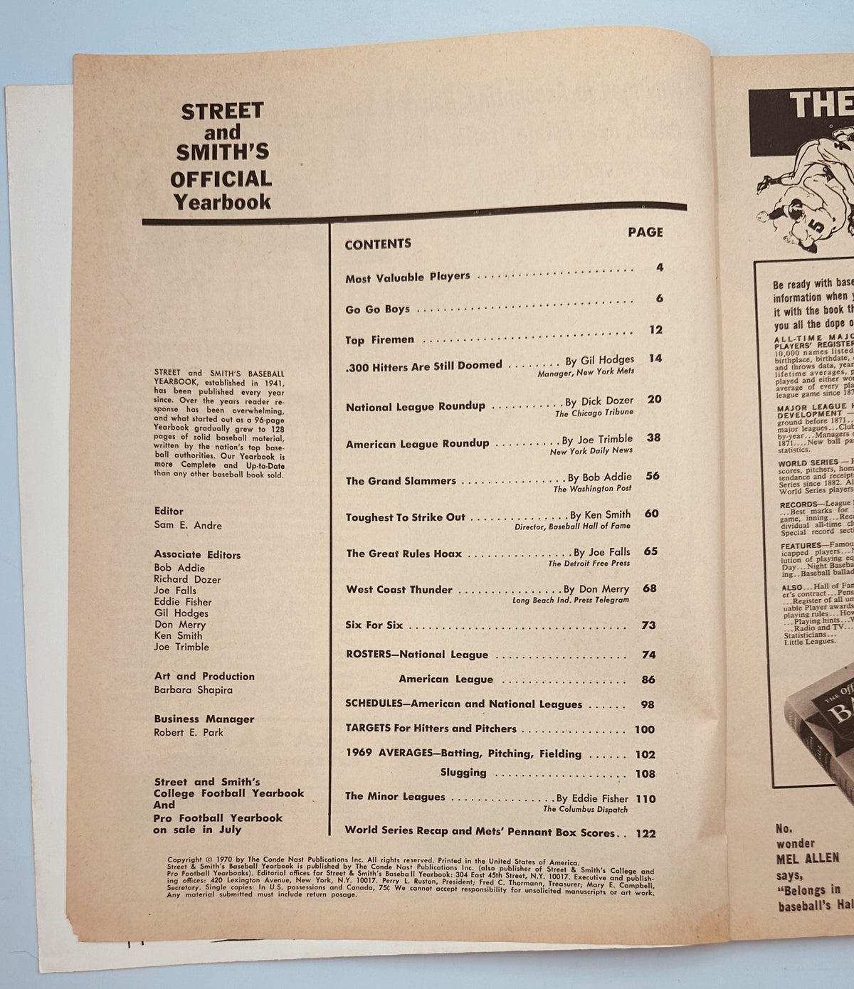 Inside page of the 1970 Street and Smith's Baseball Magazine Yearbook detailing the Table of Contents, including sections on Most Valuable Players and various league roundups.