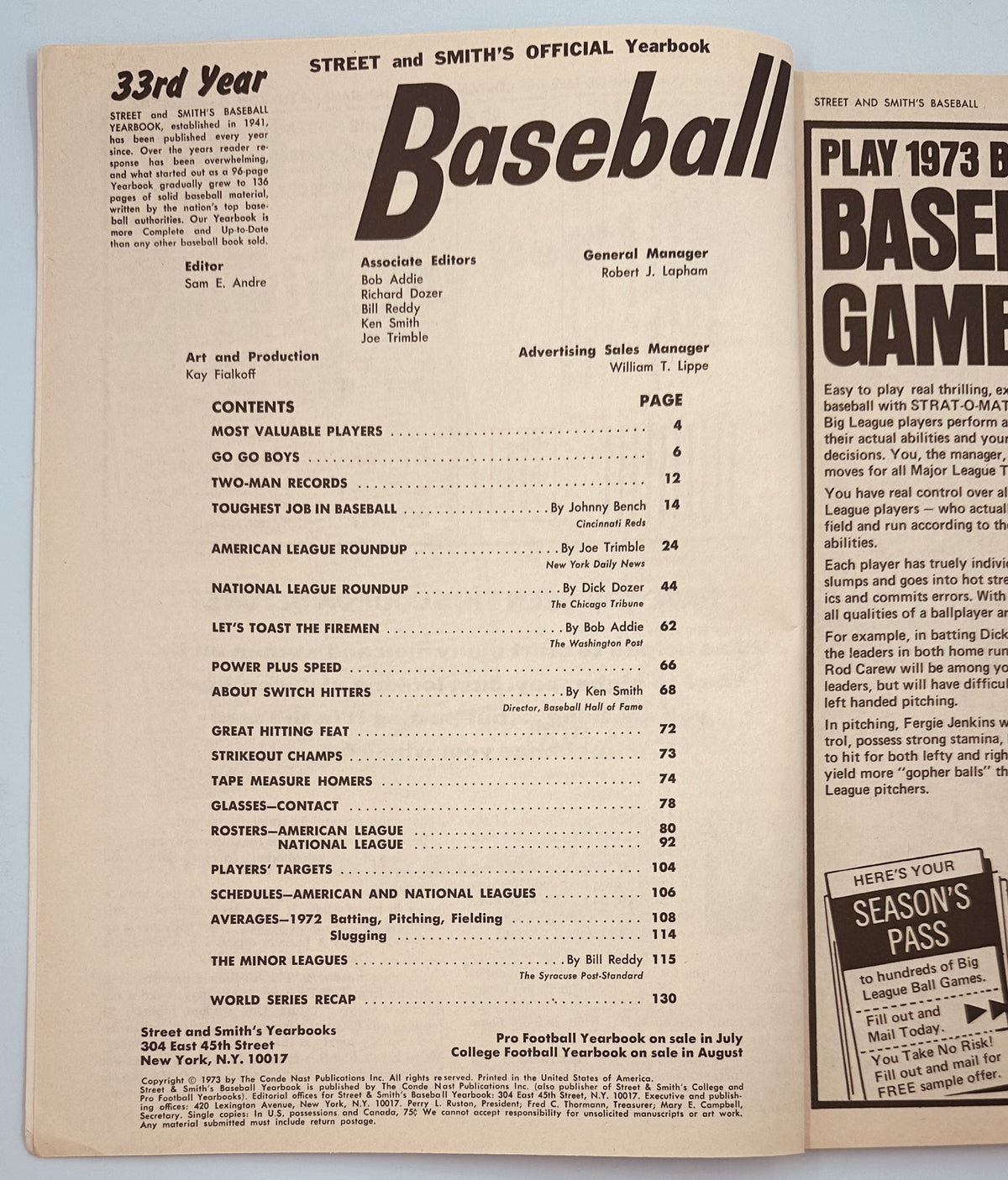 Inside page of Street and Smith’s Baseball Magazine 1973 Yearbook displaying the table of contents with sections such as 'Most Valuable Players' and 'Let’s Toast the Firemen'.