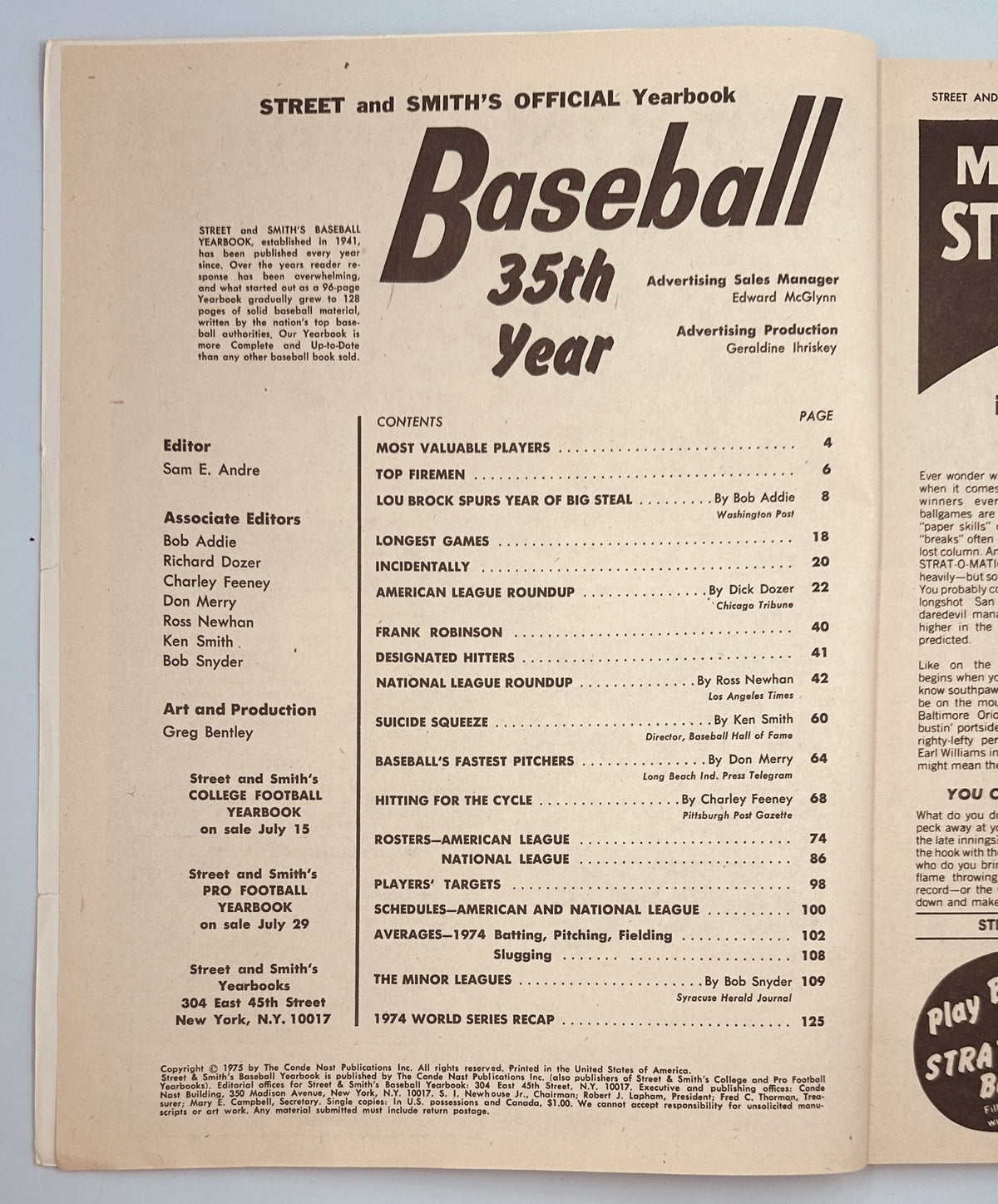 Interior page from Street and Smith’s Baseball Magazine 1975 Yearbook showcasing the Table of Contents, including articles about Lou Brock, fast pitchers, and league roundups.