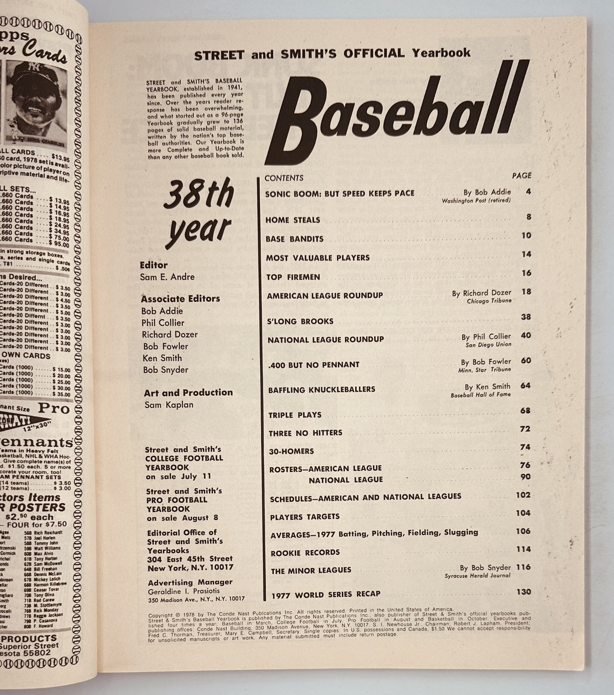 Inside page of Street and Smith's Baseball Magazine 1978 Yearbook, displaying the table of contents including articles by Bob Addie and Richard Dozer.