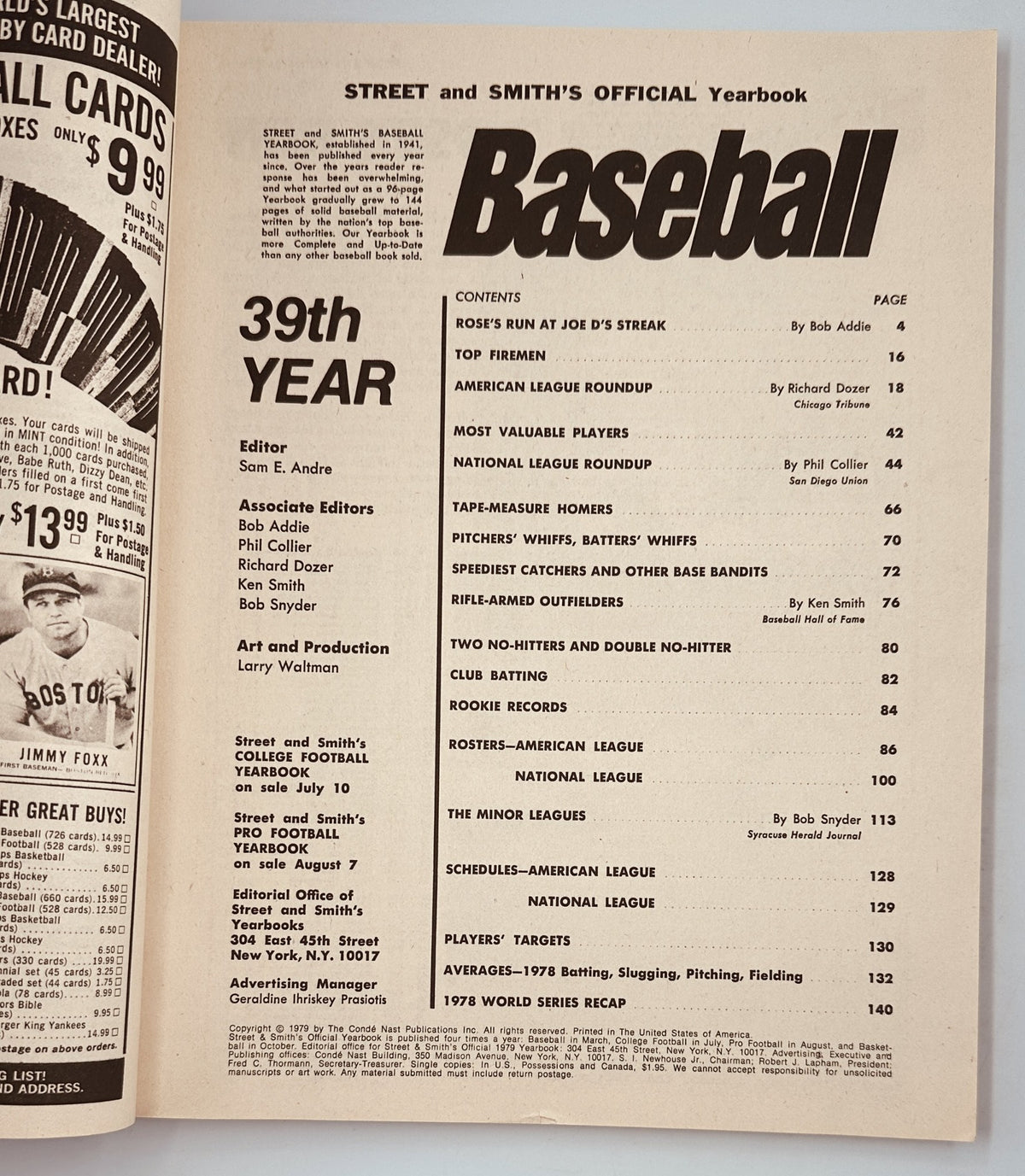 Interior page from Street and Smith’s Baseball Magazine 1979 Yearbook featuring the Table of Contents highlighting articles including ROSE’S RUN AT JOE D’S STREAK and more.