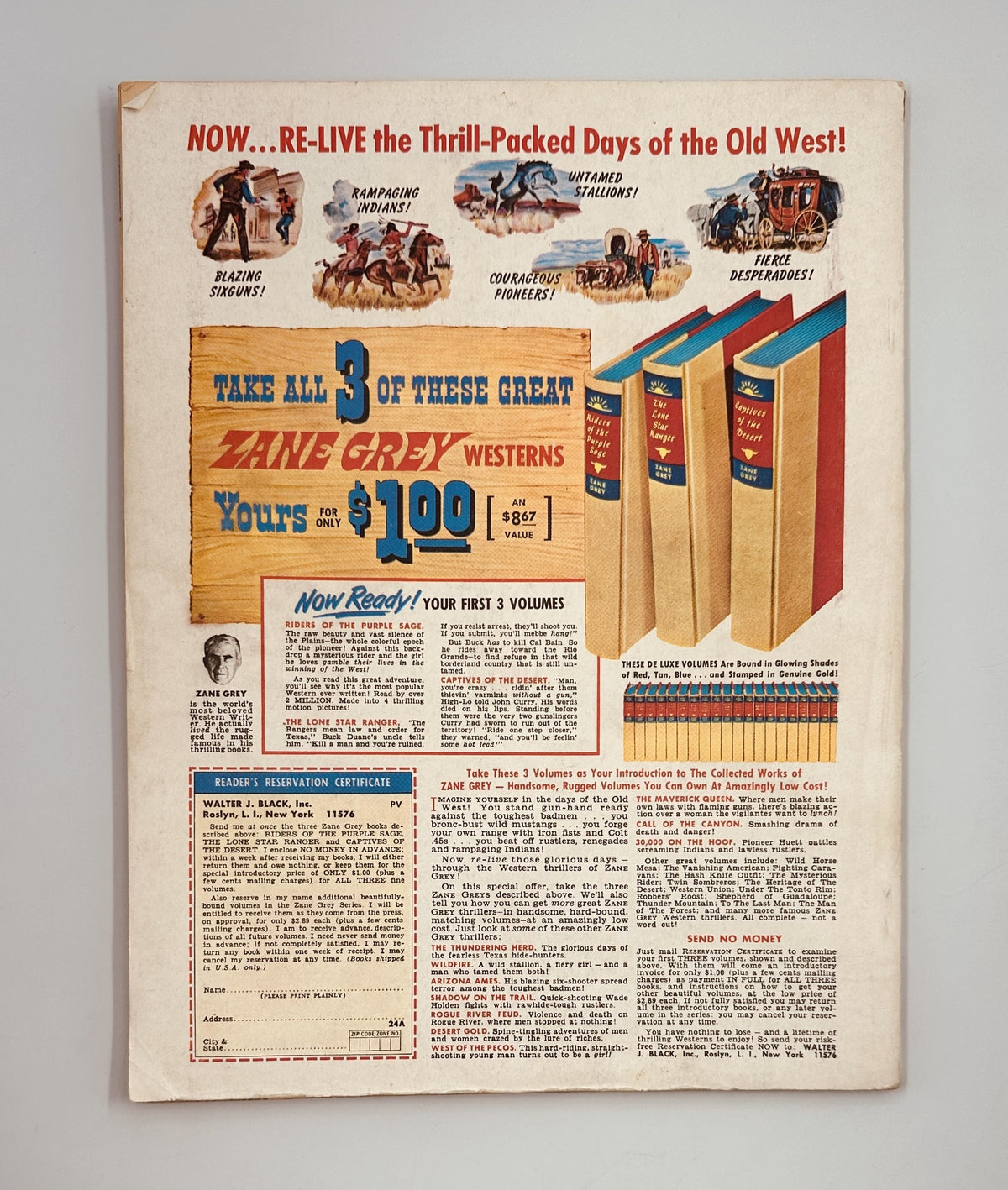 Back cover of Street and Smith’s Baseball Magazine 1966 Yearbook featuring an advertisement for Zane Grey Western books, promoting a set of three volumes for only $1.00, in a vintage style presentation.