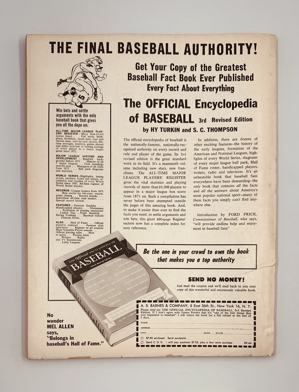 Back cover of Street and Smith’s Baseball Magazine 1964 Yearbook advertising 'The Official Encyclopedia of Baseball' with a call to action for subscriptions.
