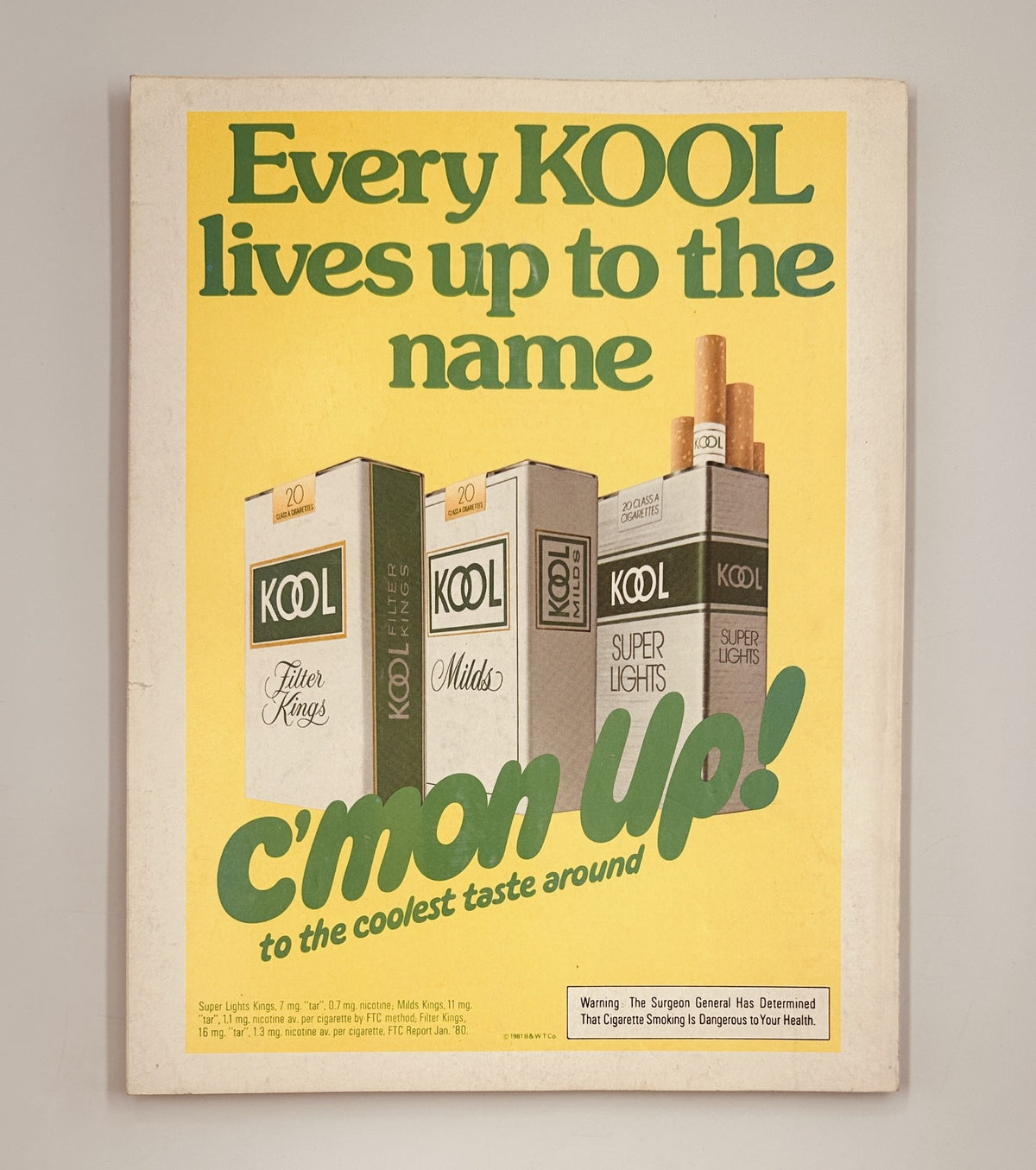 Promotional advertisement for KOOL cigarettes, stating 'Every KOOL lives up to the name,' featured on the back cover of Street and Smith’s Baseball Magazine 1981 Yearbook.