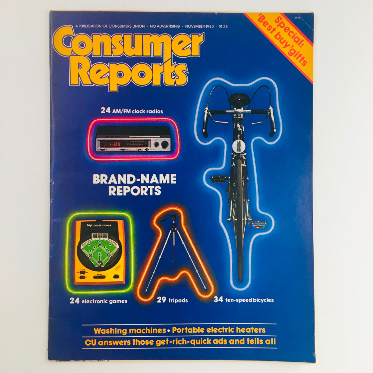 Consumer Reports Magazine November 1980 cover featuring portable electric heaters, clock radios, bicycles, and electronic games along with the text 'Brand-Name Reports'.