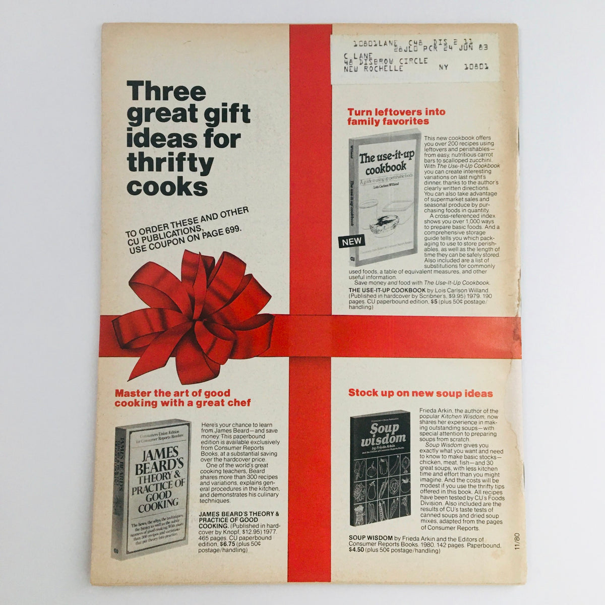 Consumer Reports Magazine November 1980 back cover promoting three great gift ideas for cooks, featuring a red bow design and promotional text for cookbook recommendations.