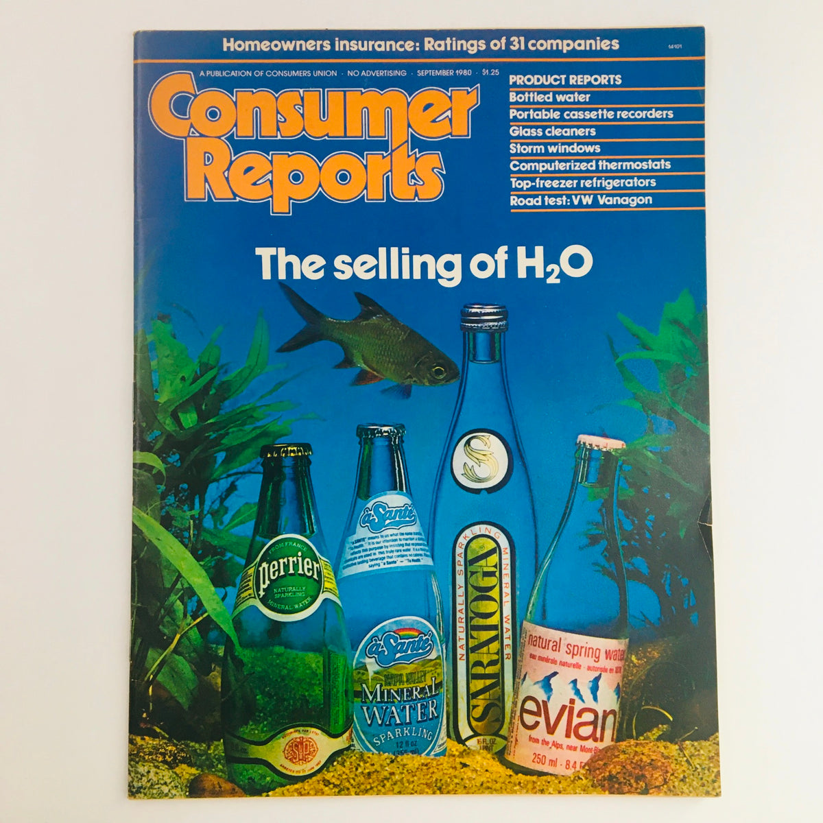 Cover of Consumer Reports Magazine from September 1980, titled 'The Selling of H2O.' The image features a vibrant underwater scene with various bottled waters including Perrier, San Pellegrino, and Evian, highlighting consumer products related to water services and homeowner's insurance.
