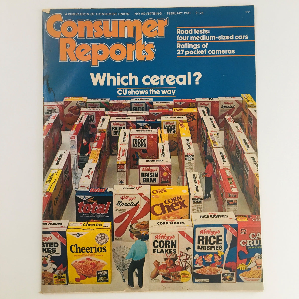 Cover of Consumer Reports Magazine February 1981 featuring a headline on cereal choices, showcasing various cereal boxes in a grocery store aisle, and highlighting road tests of four medium-sized cars.