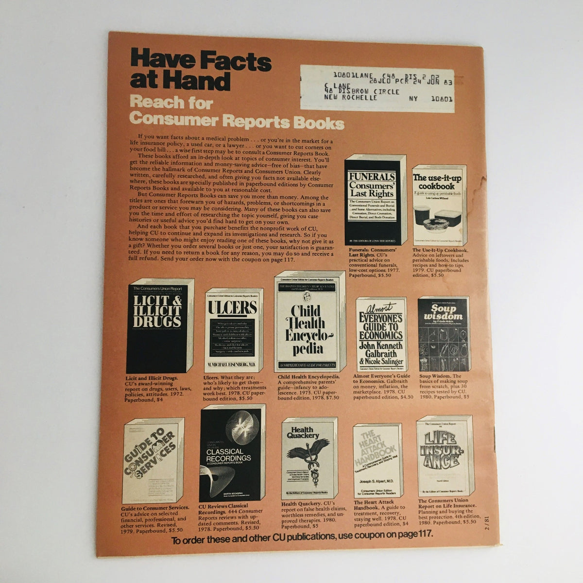 Back cover of Consumer Reports Magazine February 1981 promoting other Consumer Reports books and services, emphasizing the availability of valuable information on diverse consumer topics.