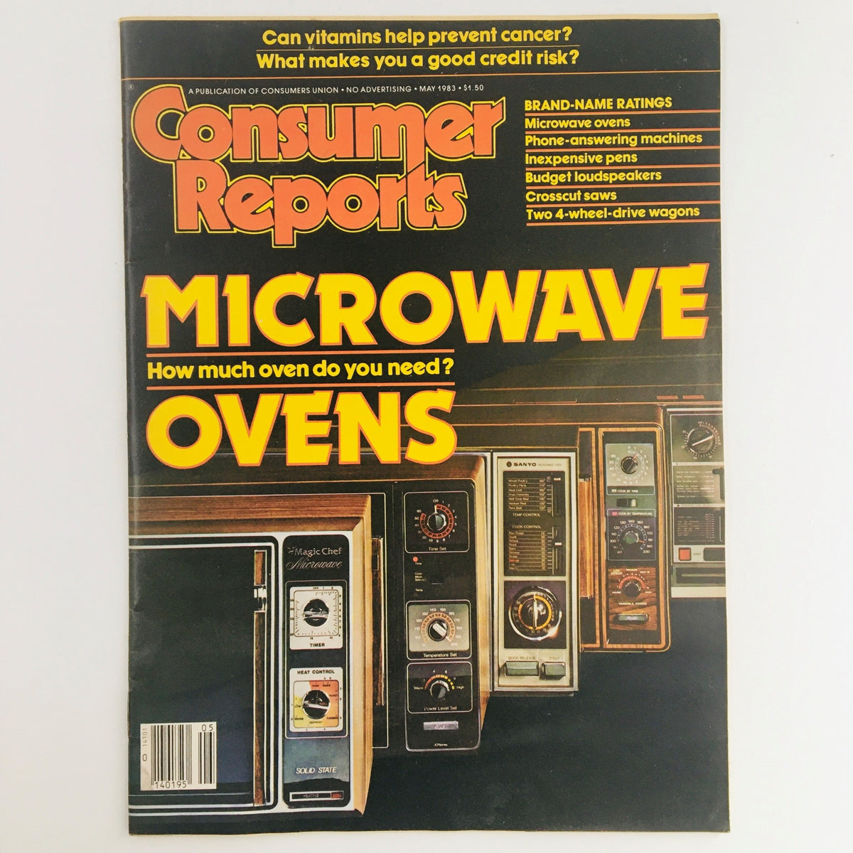 Consumer Reports Magazine May 1983 cover featuring ratings for Microwave Ovens and Budget Loudspeakers, showcasing vintage appliance designs and bold text highlighting product evaluations.
