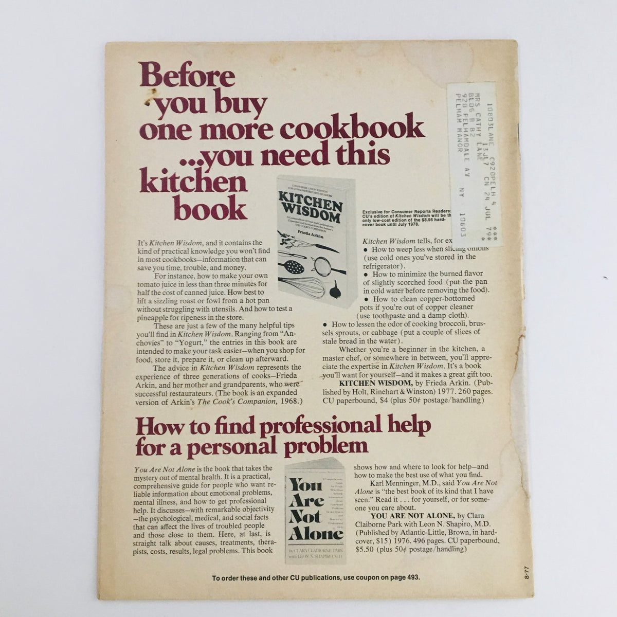 Back cover of Consumer Reports Magazine August 1977 promoting the 'Kitchen Wisdom' book and 'You Are Not Alone' guide, featuring practical cooking tips and resources for mental health.