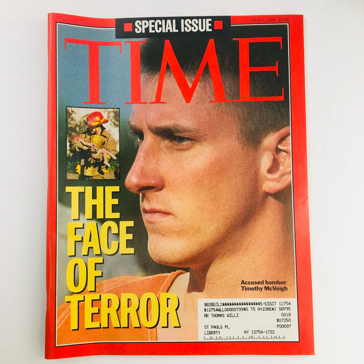 Time Magazine May 1 1995 cover featuring accused bomber Timothy McVeigh, titled 'The Face of Terror'. This special issue highlights a pivotal moment in American history, showcasing the impact of terrorism.