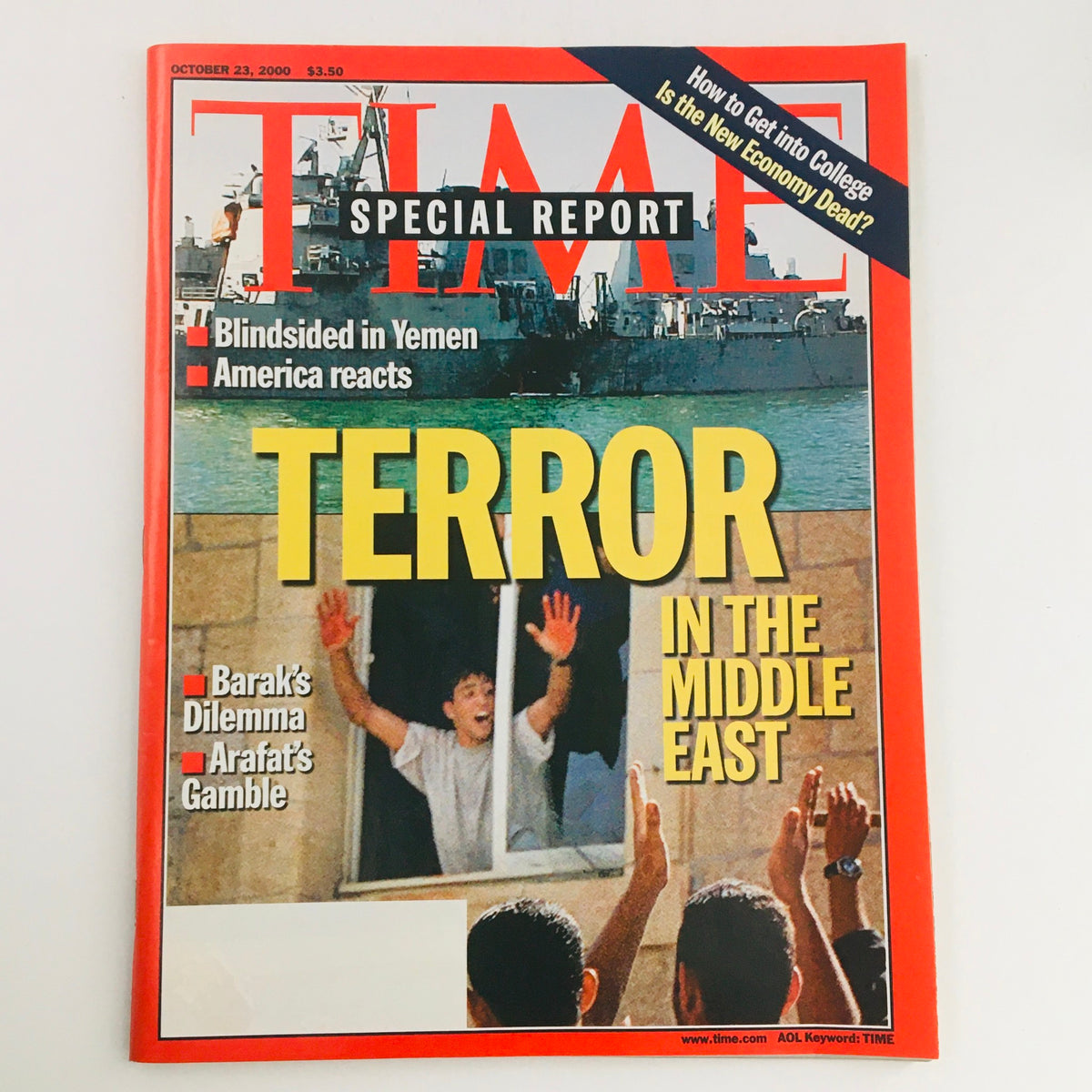 Time Magazine October 23, 2000 cover featuring the headline 'TERROR IN THE MIDDLE EAST' highlighting America's reaction, showcasing significant historical commentary on terrorism and international events.