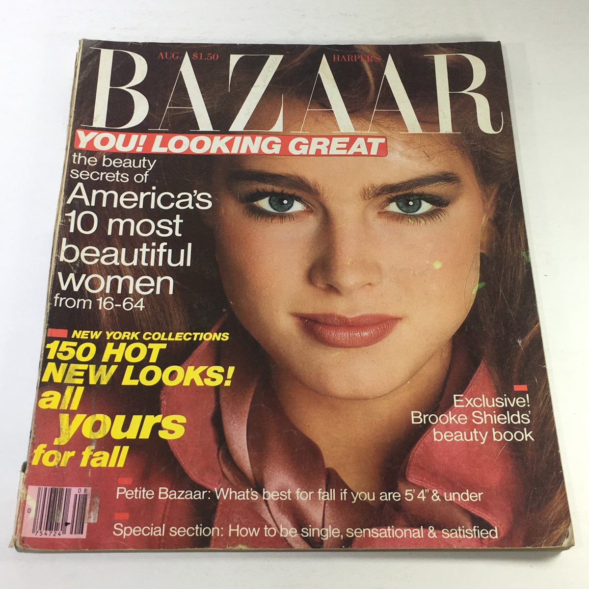 Cover of VTG Harper's Bazaar Magazine: August 1981 featuring Brooke Shields, highlighting fashion trends and beauty secrets.