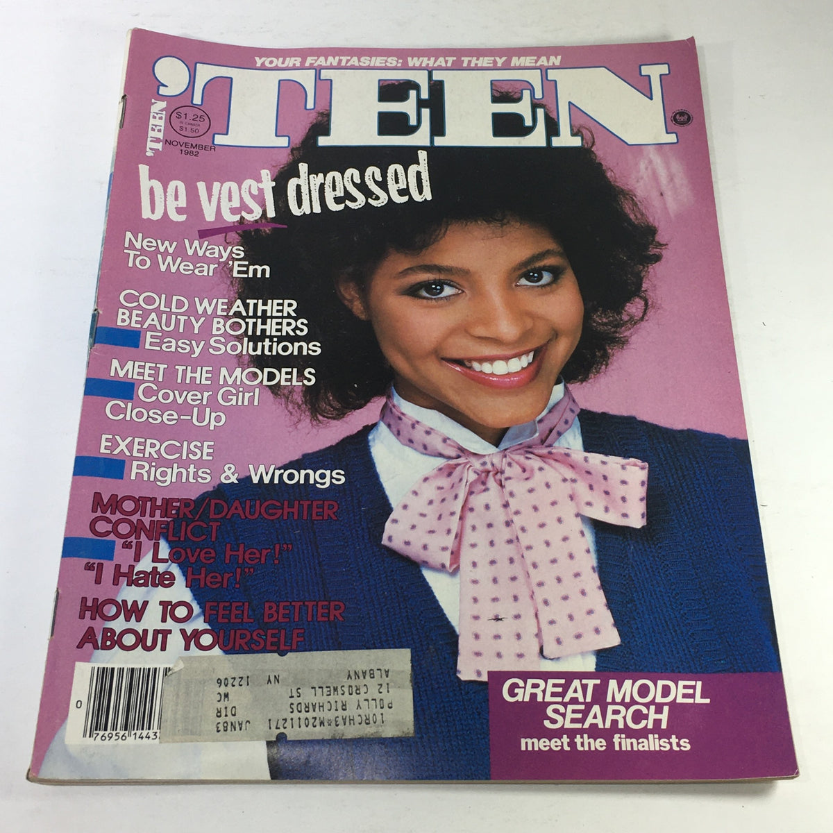 Vintage Teen Magazine cover from November 1982 featuring model Ingenue with a cheerful smile and stylish outfit, capturing the essence of 1980s youth culture.