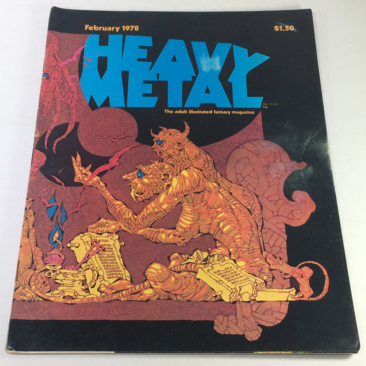 Cover of VTG Heavy Metal Magazine: February 1978 featuring vibrant artwork by Richard Corben, showcasing a fantastical scene with mythical creatures and striking colors.