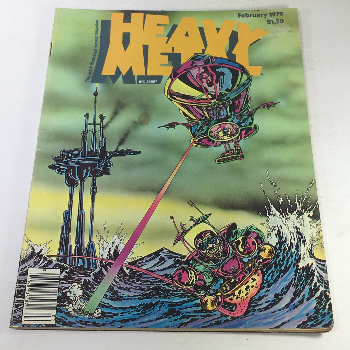 Cover of VTG Heavy Metal Magazine: February 1979 featuring vibrant artwork of futuristic scenes, showcasing art by Moebius and Richard Corben.