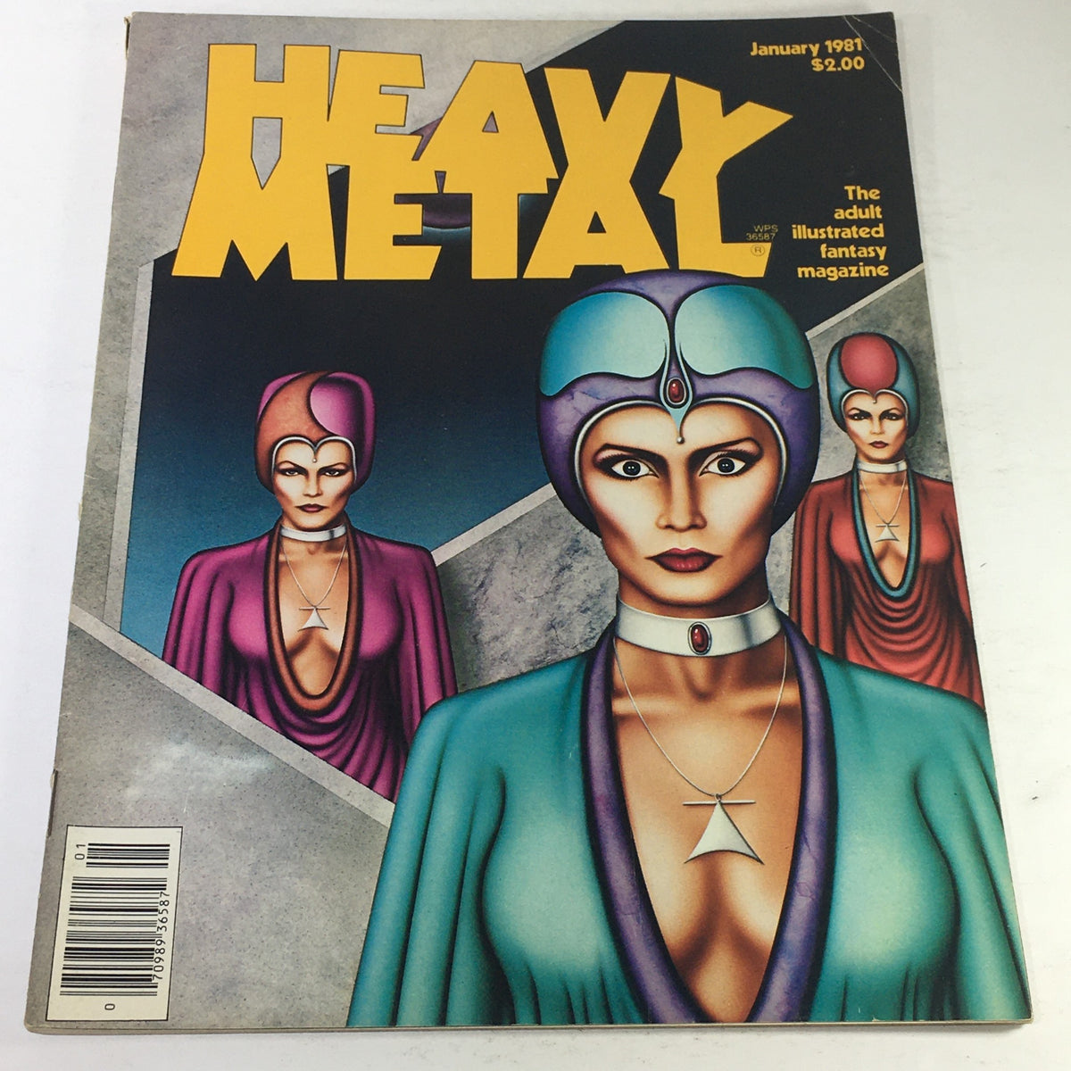 Vintage Heavy Metal Magazine January 1981 featuring a striking cover art illustration with futuristic female characters and bold typography.