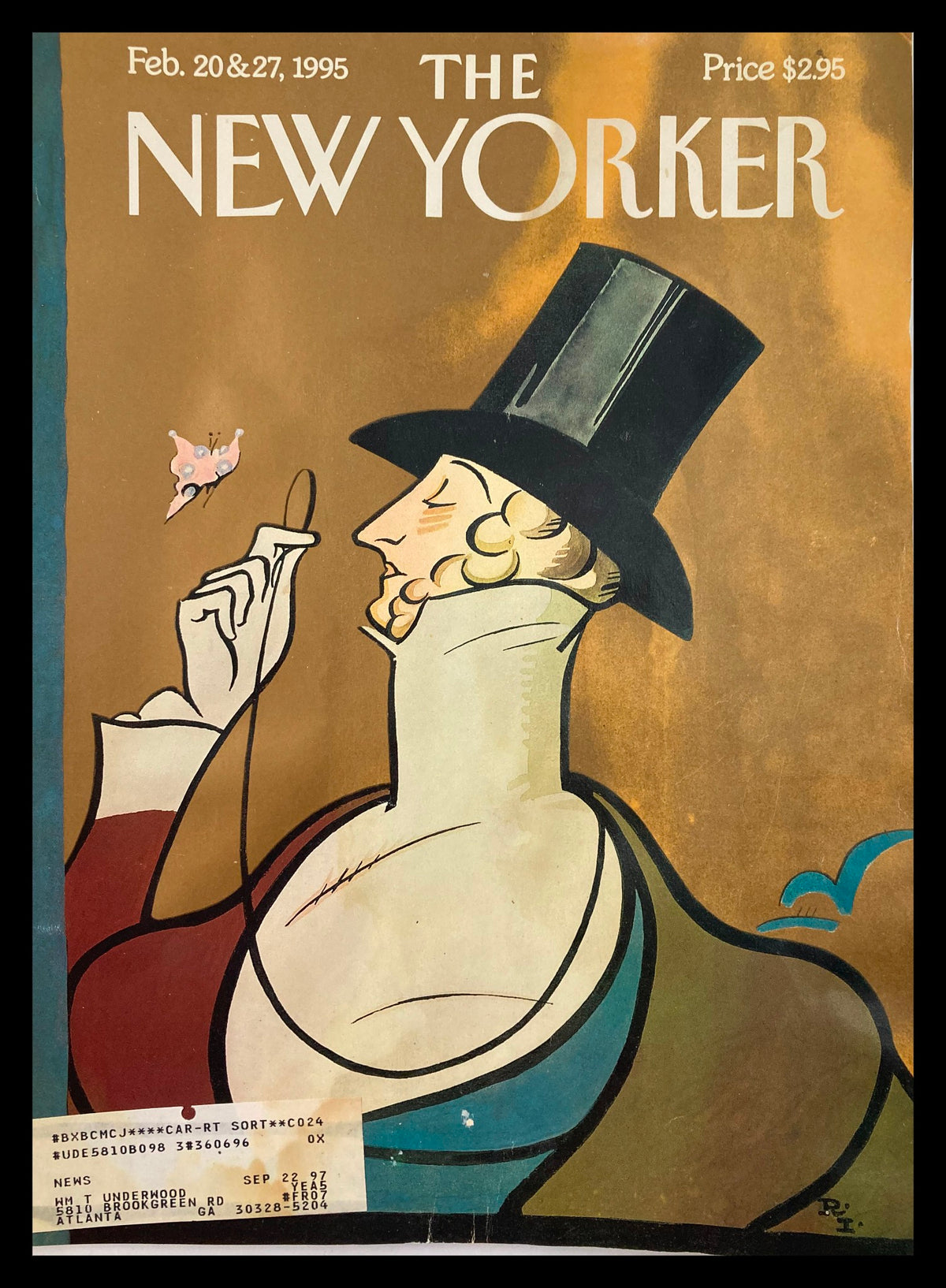 Cover of The New Yorker February 20 & 27 1995 Game Master Tilley by Rea Irvin featuring a man in a top hat with a butterfly, showcasing vintage magazine art.