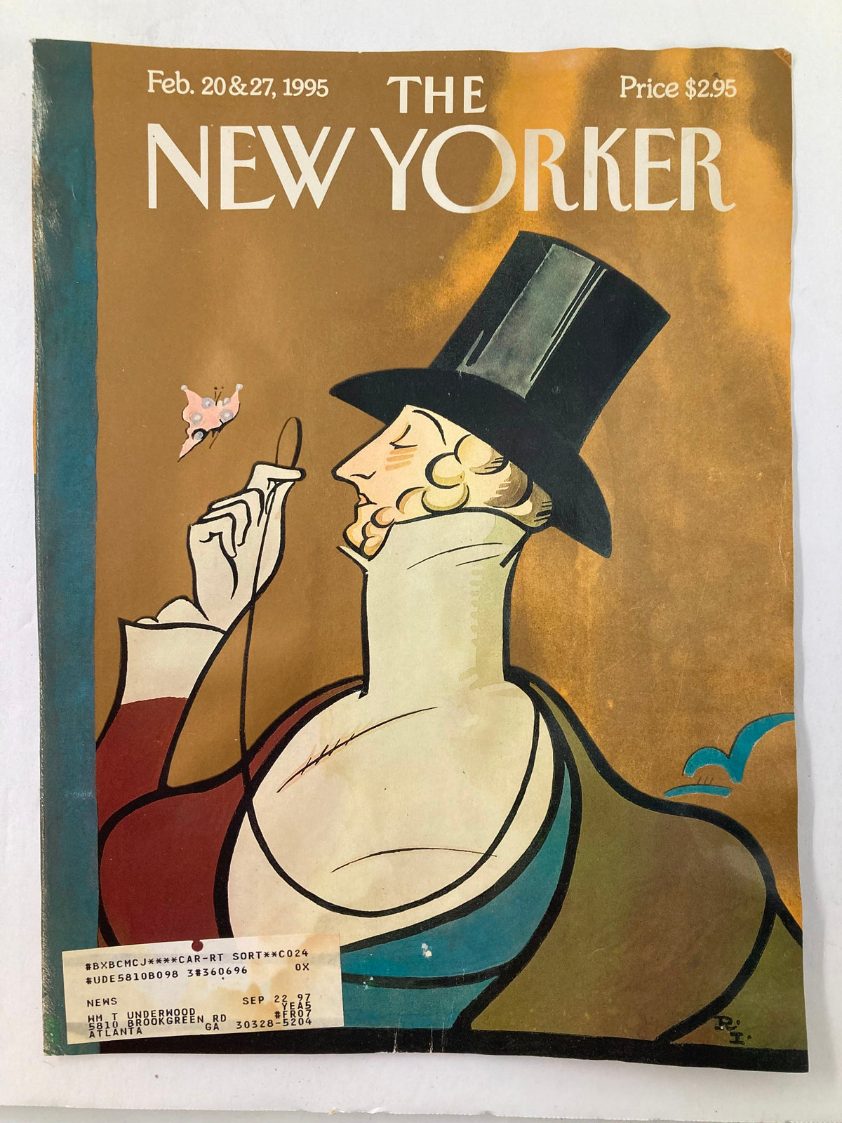 Cover of The New Yorker February 20 & 27 1995 Game Master Tilley by Rea Irvin displaying a whimsical illustration of a man in formal attire with a butterfly, highlighting classic magazine design.