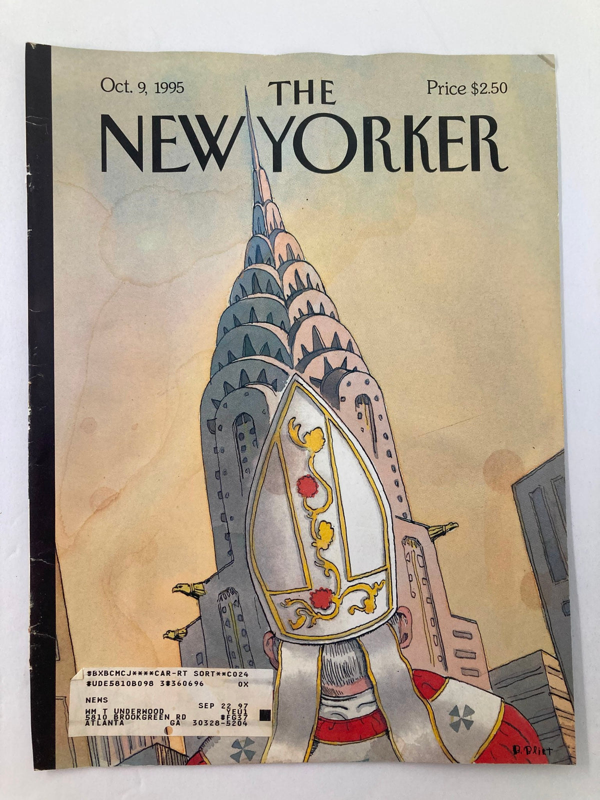 Cover of The New Yorker magazine from October 9, 1995, featuring the cover art titled 'Pope In The City' by Barry Blitt, showcasing a papal figure against a city skyline including the Chrysler Building.