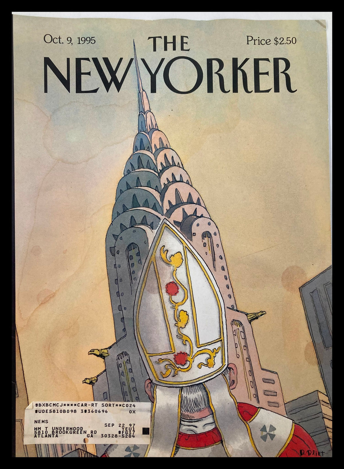 Cover of The New Yorker magazine dated October 9, 1995, featuring an illustration of a figure resembling the Pope in front of the iconic Chrysler Building, by Barry Blitt. The cover is in acceptable condition with visible wear and a protective plastic covering.