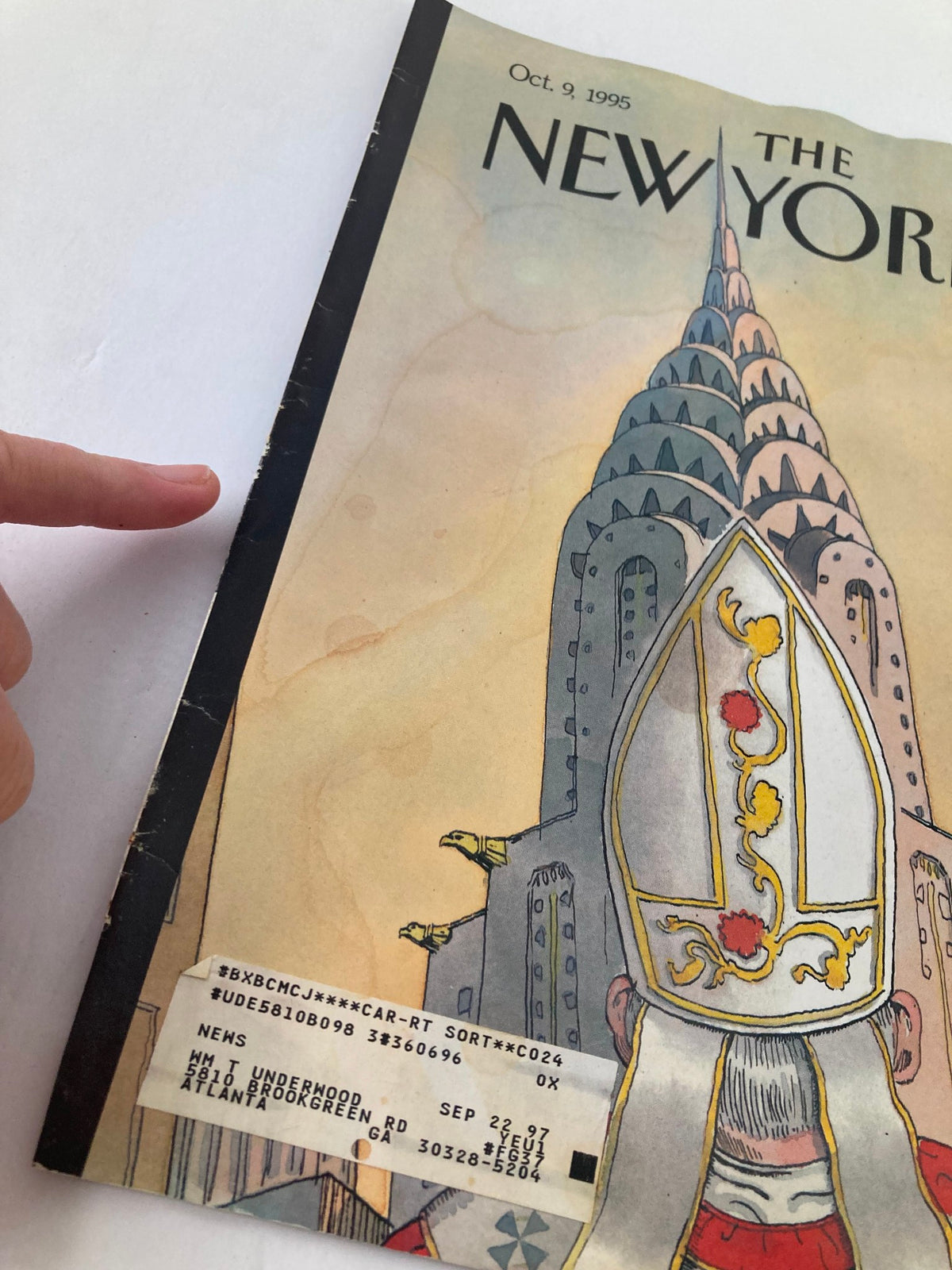 Close-up of The New Yorker magazine cover from October 9, 1995, featuring 'Pope In The City' by Barry Blitt, highlighting details like the magazine's title and price.