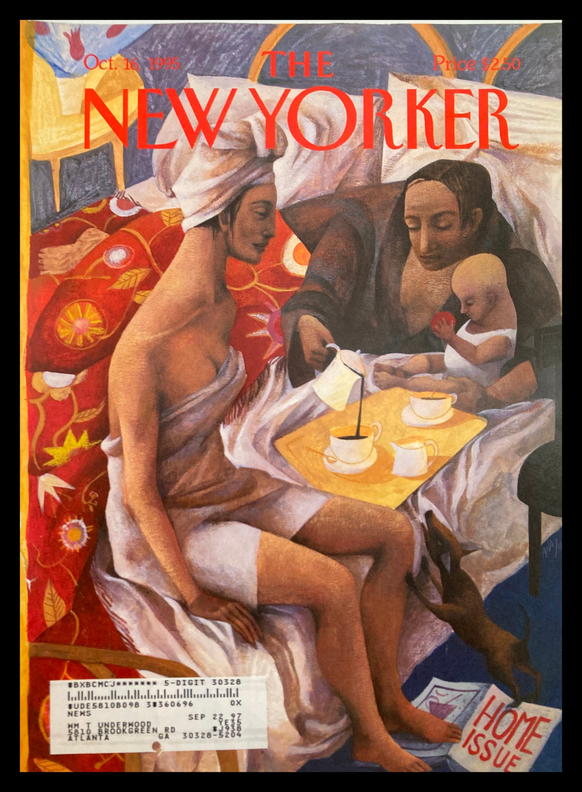 The New Yorker Cover Only titled 'Where the Heart Is' by Ana Juan, featuring a warm, colorful illustration of a woman holding a child, surrounded by a cozy domestic setting, dated October 16, 1995.