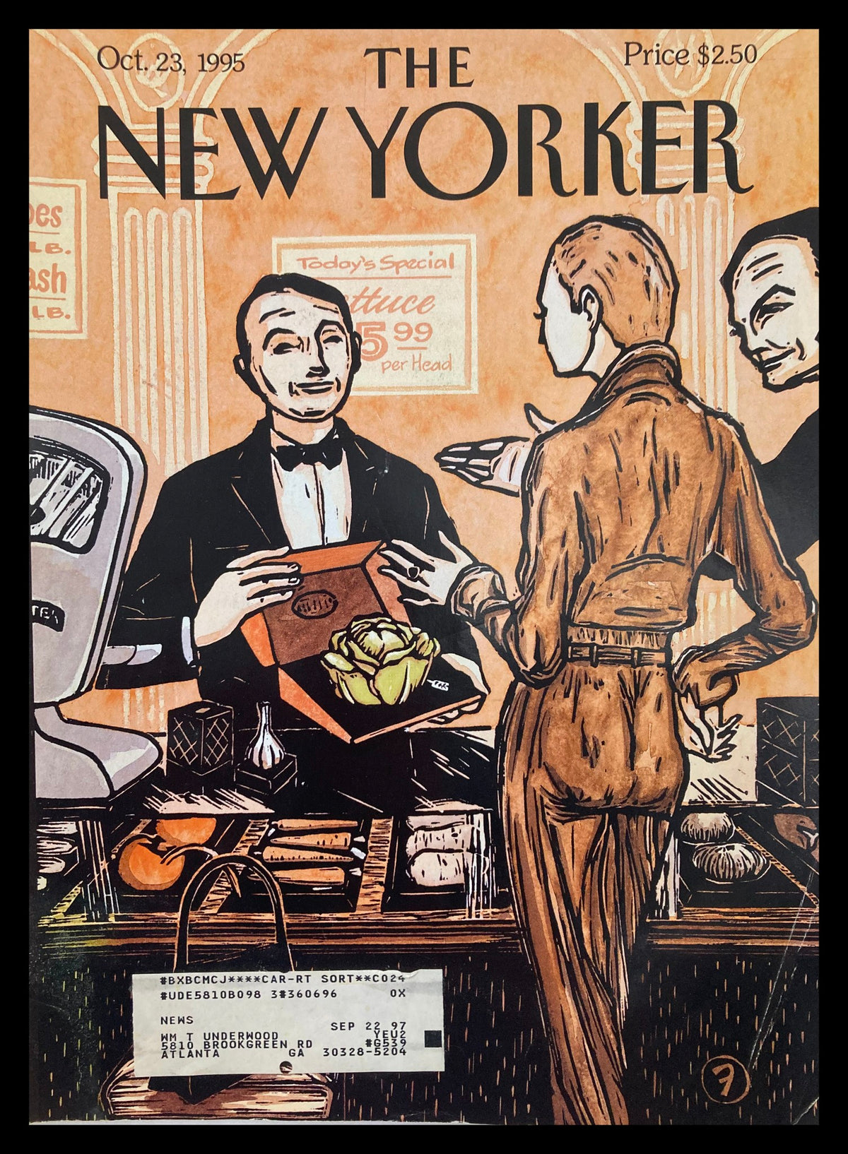 Cover of The New Yorker dated October 23, 1995, featuring Haute Cuisine artwork by Andrei Francois, depicting a waiter serving artichokes to a customer.