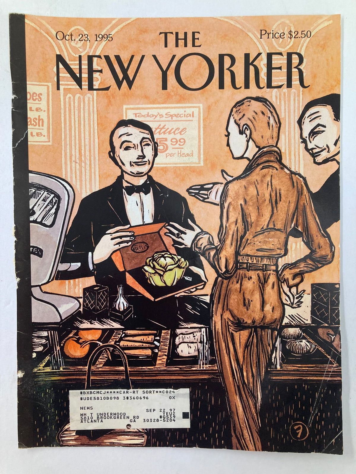 Close-up view of The New Yorker cover from October 23, 1995, showcasing the Haute Cuisine theme by Andrei Francois, highlighting a waiter and customer in a vintage setting.