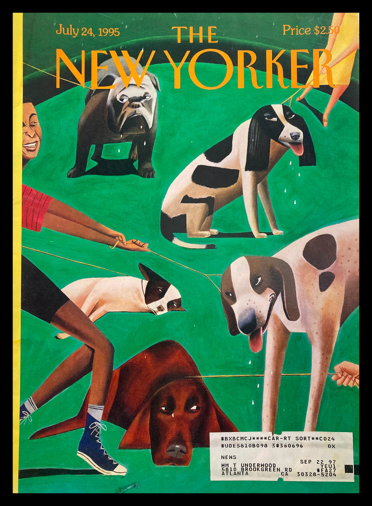 The New Yorker Cover July 24 1995 Dog Days by Mark Ulriksen, featuring a vibrant illustration of various dogs playing, set against a bright green background, showcasing nostalgic summer vibes.