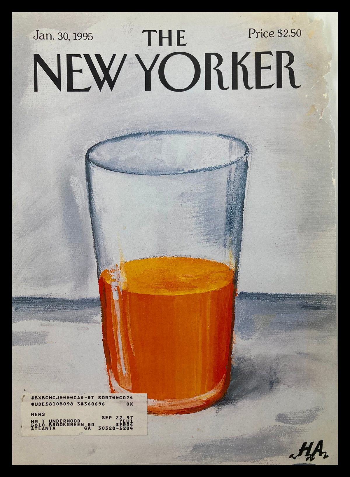 COVER ONLY edition of The New Yorker January 30, 1995 titled 'A Bit of OJ To Start The Day' by HA, featuring an artistic depiction of a glass of orange juice on a gray background.