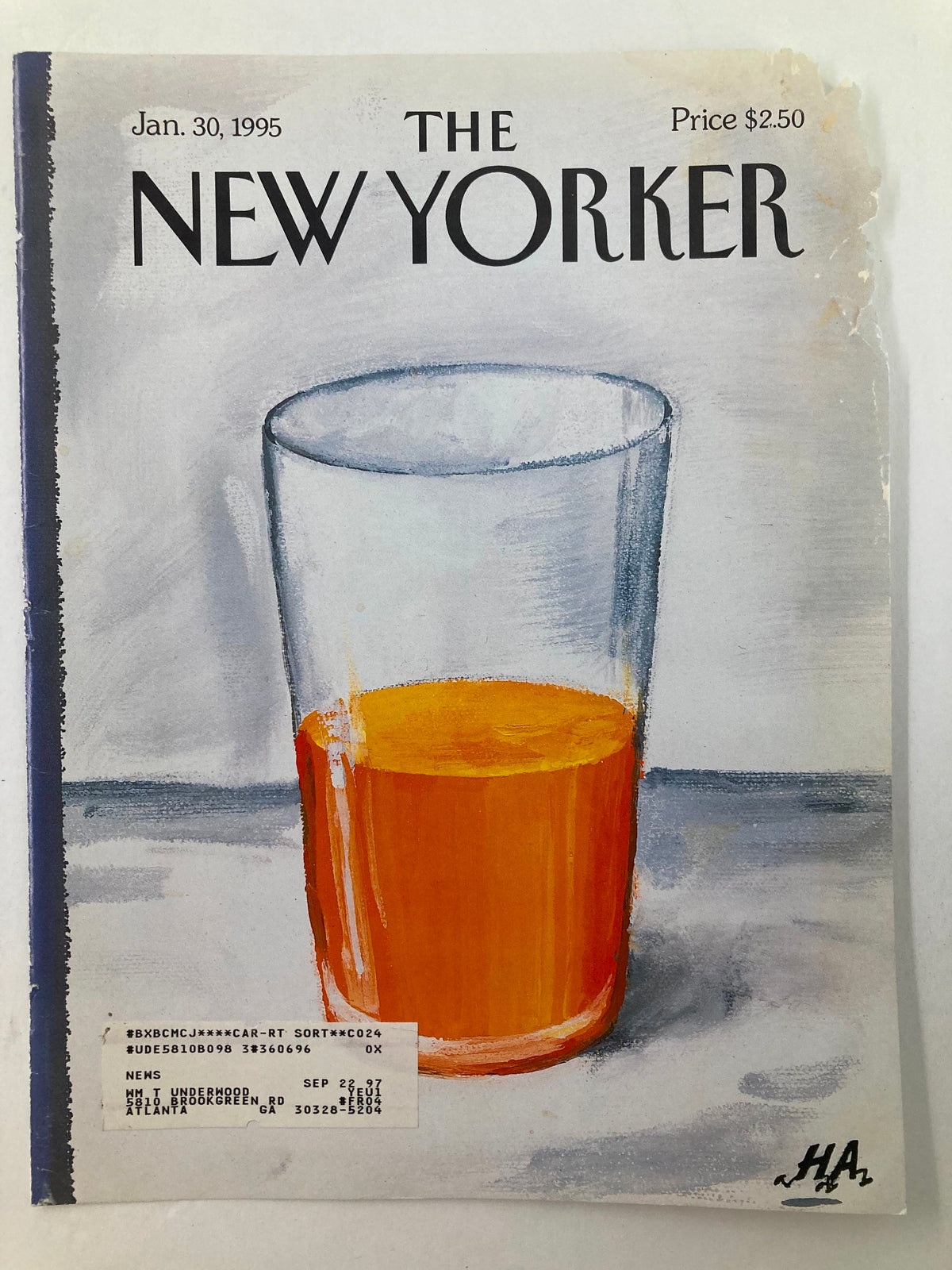 The New Yorker magazine cover from January 30, 1995, titled 'A Bit of OJ To Start The Day' showcasing an artistic depiction of a glass with orange juice.