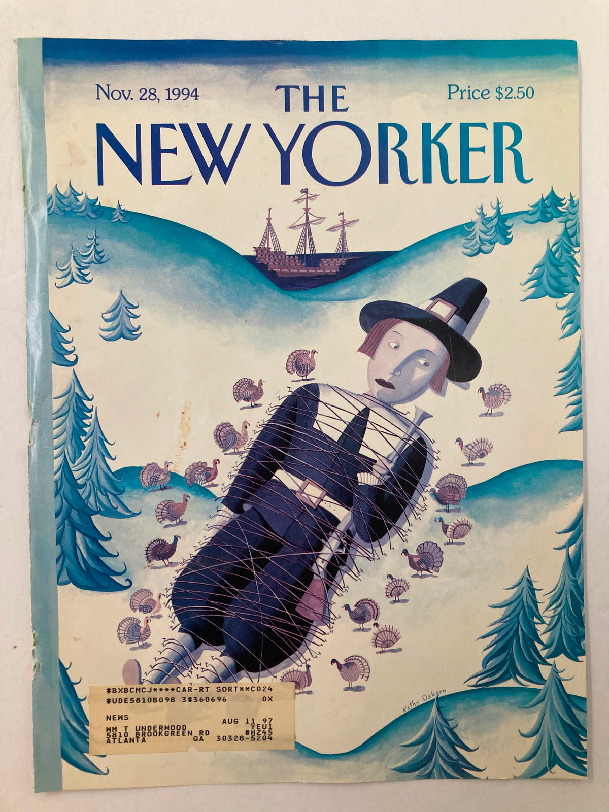 Close-up image of The New Yorker cover from November 28, 1994, featuring a colorful Thanksgiving illustration by Kathy Osborn, depicting a pilgrim entangled with turkeys.