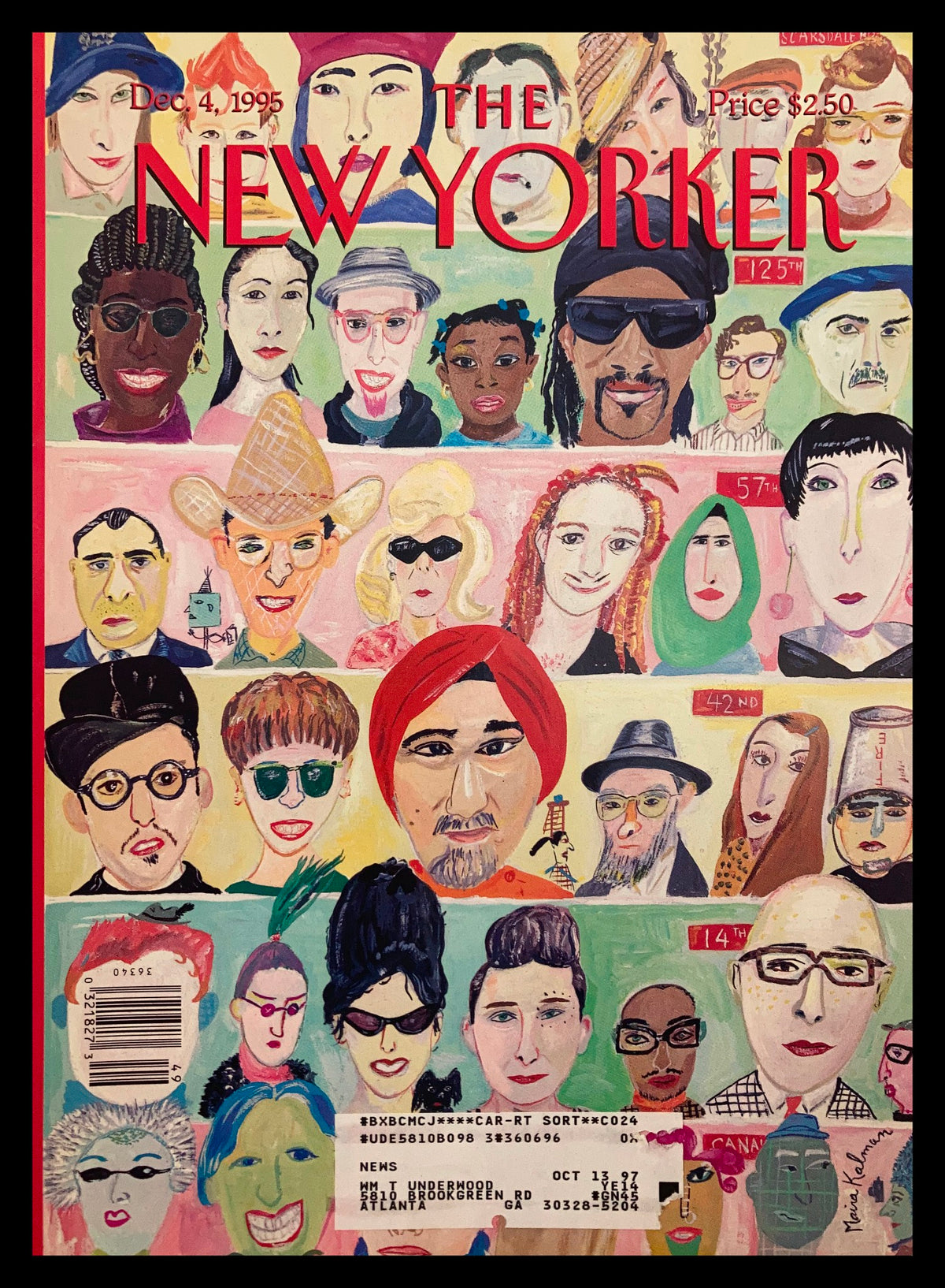 Cover of The New Yorker December 4, 1995 titled 'Different Faces' by Maira Kalman, featuring a vibrant collage of diverse faces in colorful artistic style.