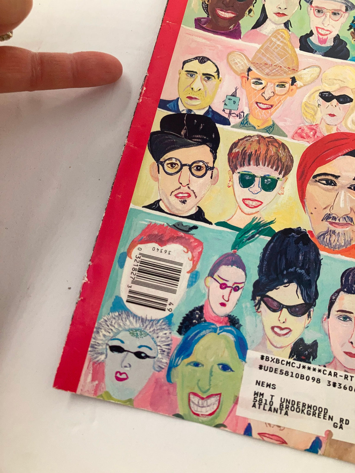 Detail view of The New Yorker cover from December 4, 1995, titled 'Different Faces' by Maira Kalman, highlighting various artistic representations of faces with vivid colors.