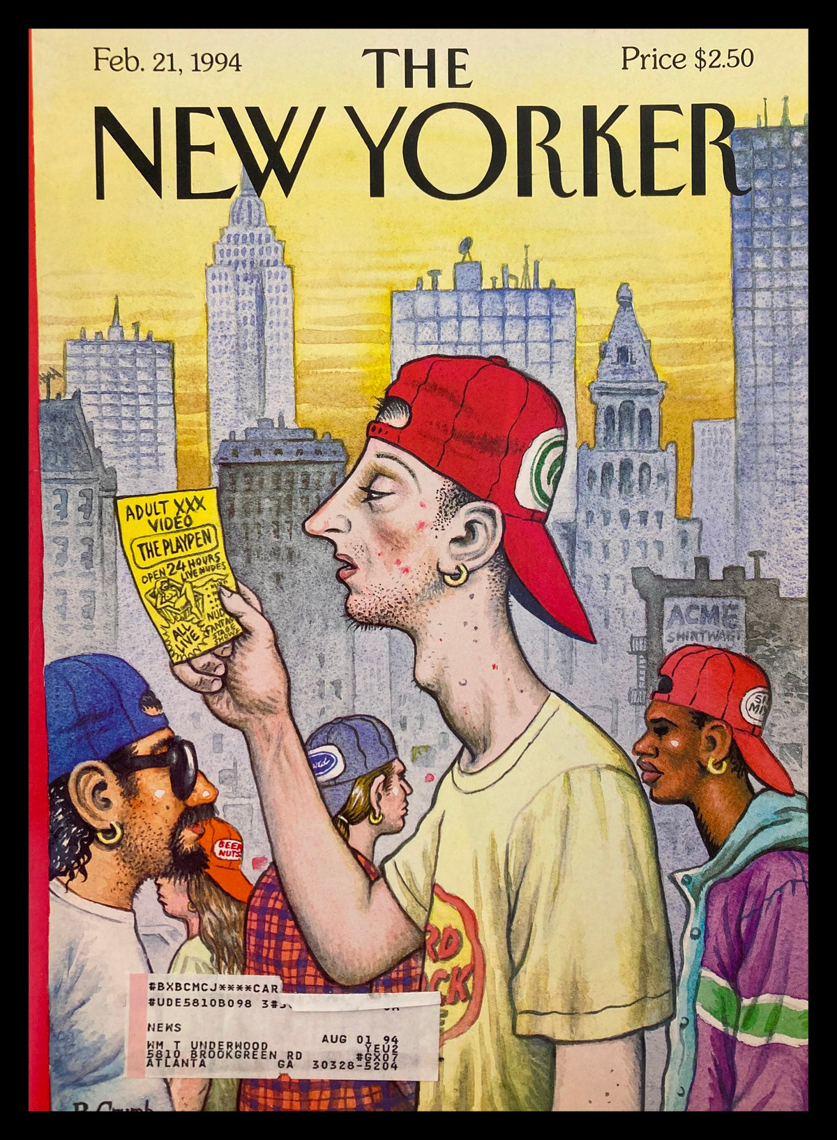 Cover of The New Yorker, February 21, 1994, titled 'Elvis Tilley' by Rea Irvin, featuring a vibrant illustration of young urban characters, with notable elements like the Empire State Building and advertisements, perfect for collectors and fans of vintage artwork.