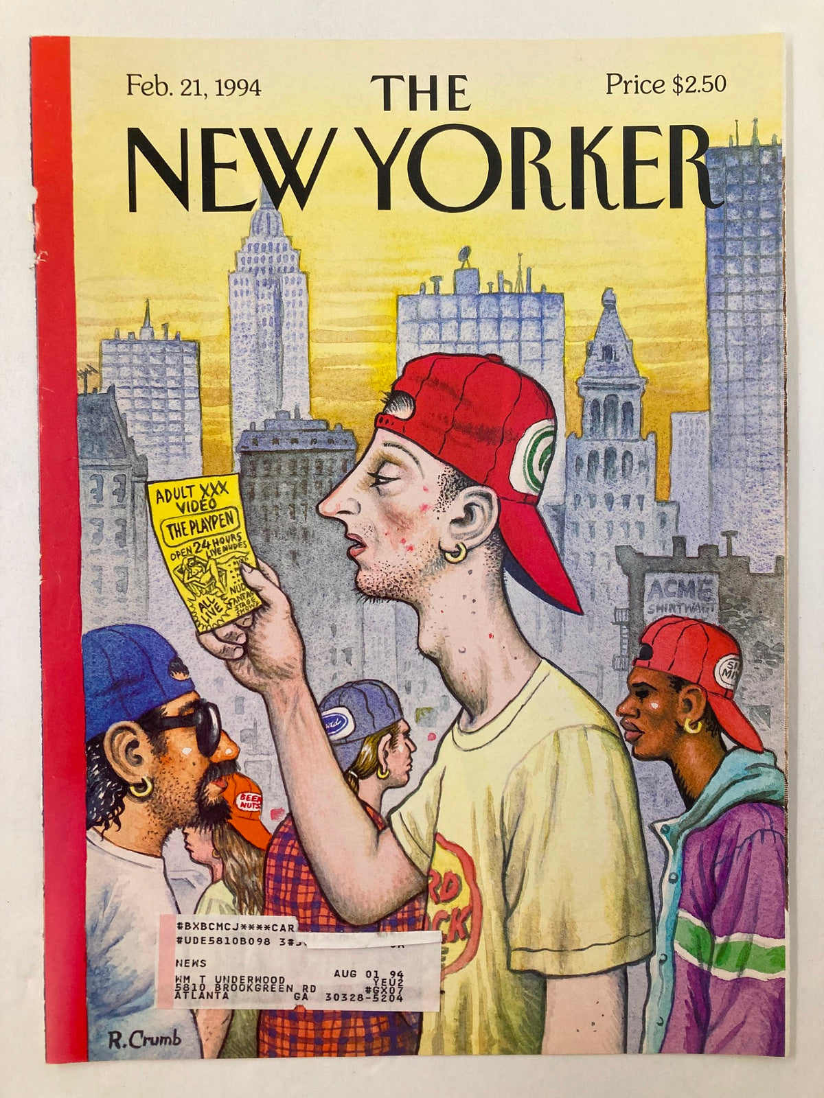Cover illustration of The New Yorker from February 21, 1994, titled 'Elvis Tilley' by Rea Irvin, showcasing a colorful depiction of diverse individuals amidst a city backdrop, ideal for collectors and vintage magazine enthusiasts.