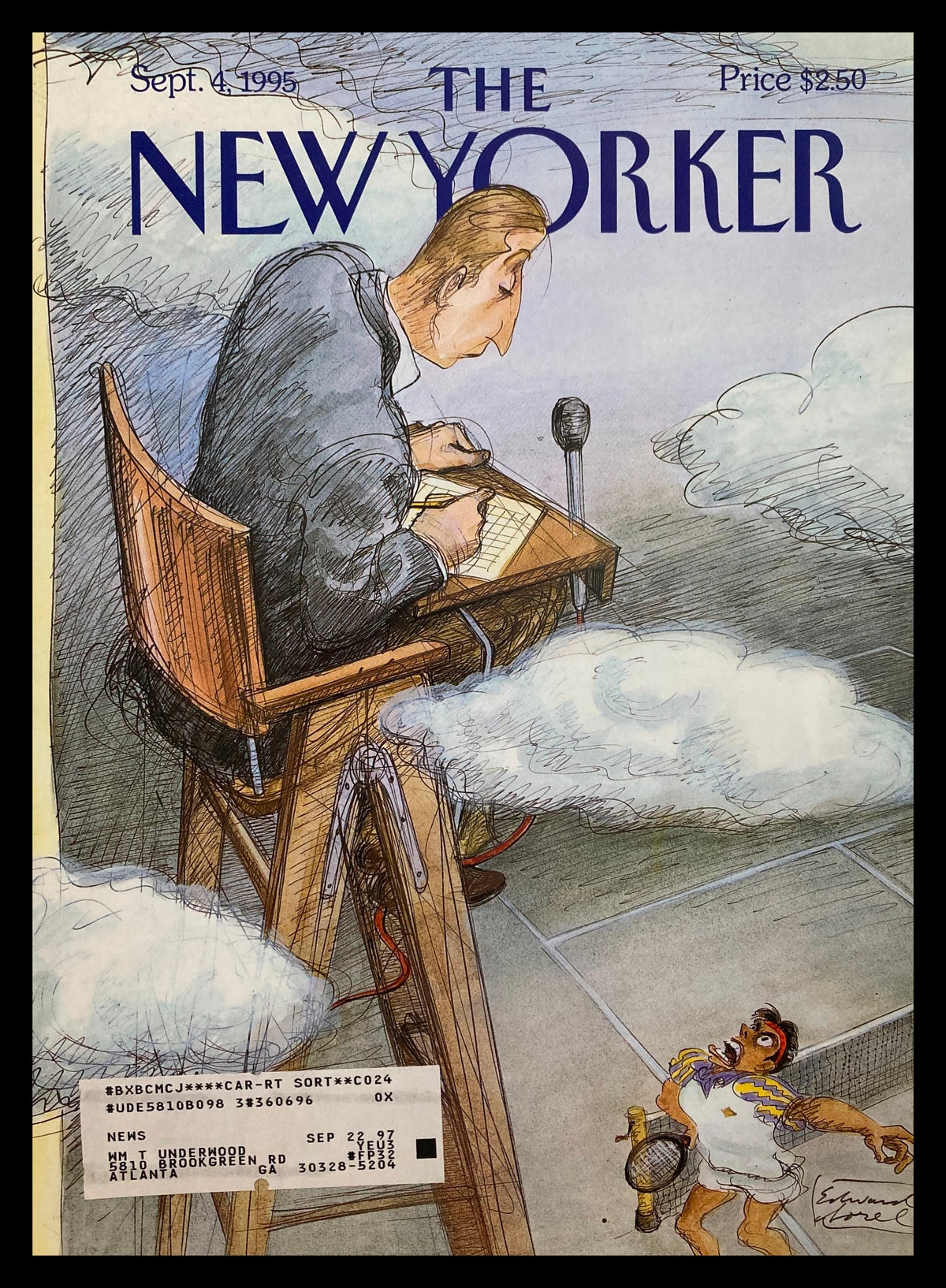 Cover of The New Yorker dated September 4, 1995, featuring the illustration 'The Last Judgement' by Edward Sorel, depicting a man writing at a desk in the clouds with a startled character below.
