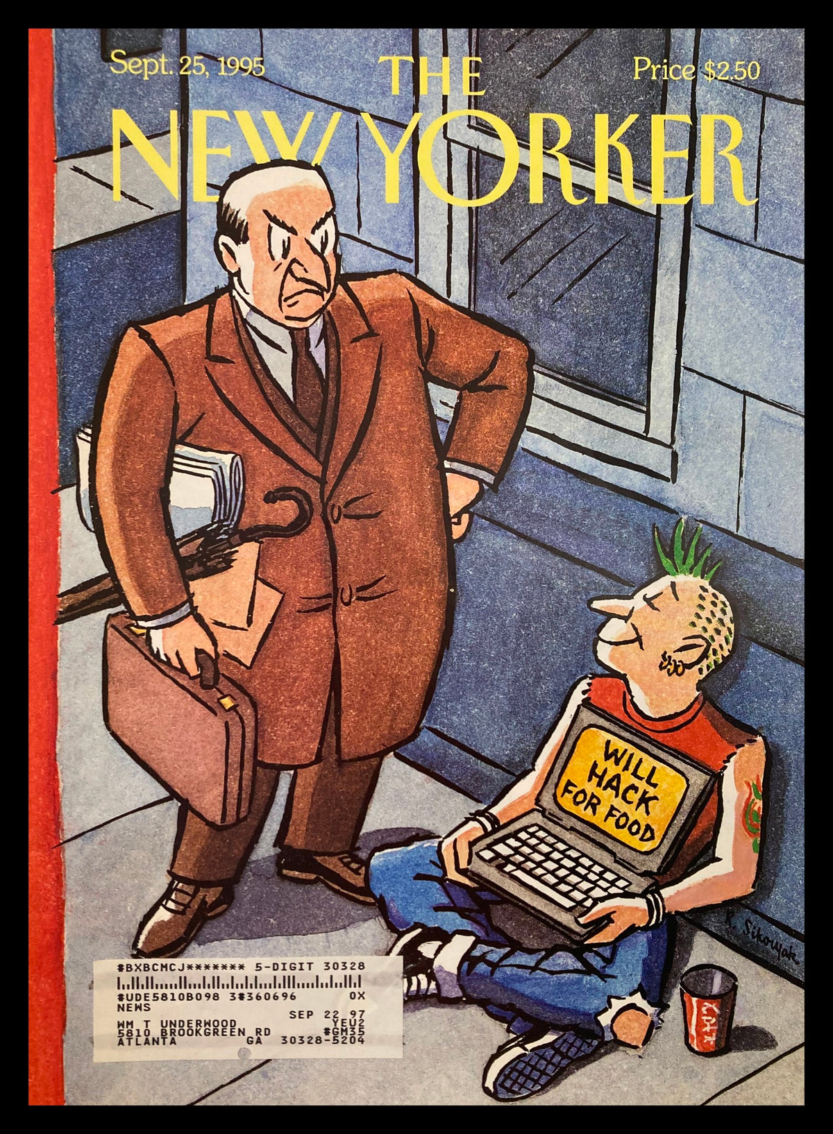The New Yorker September 25 1995 Hacking It cover featuring a businessman confronting a punk with a laptop displaying 'WILL HACK FOR FOOD', representing the fusion of art and technology.