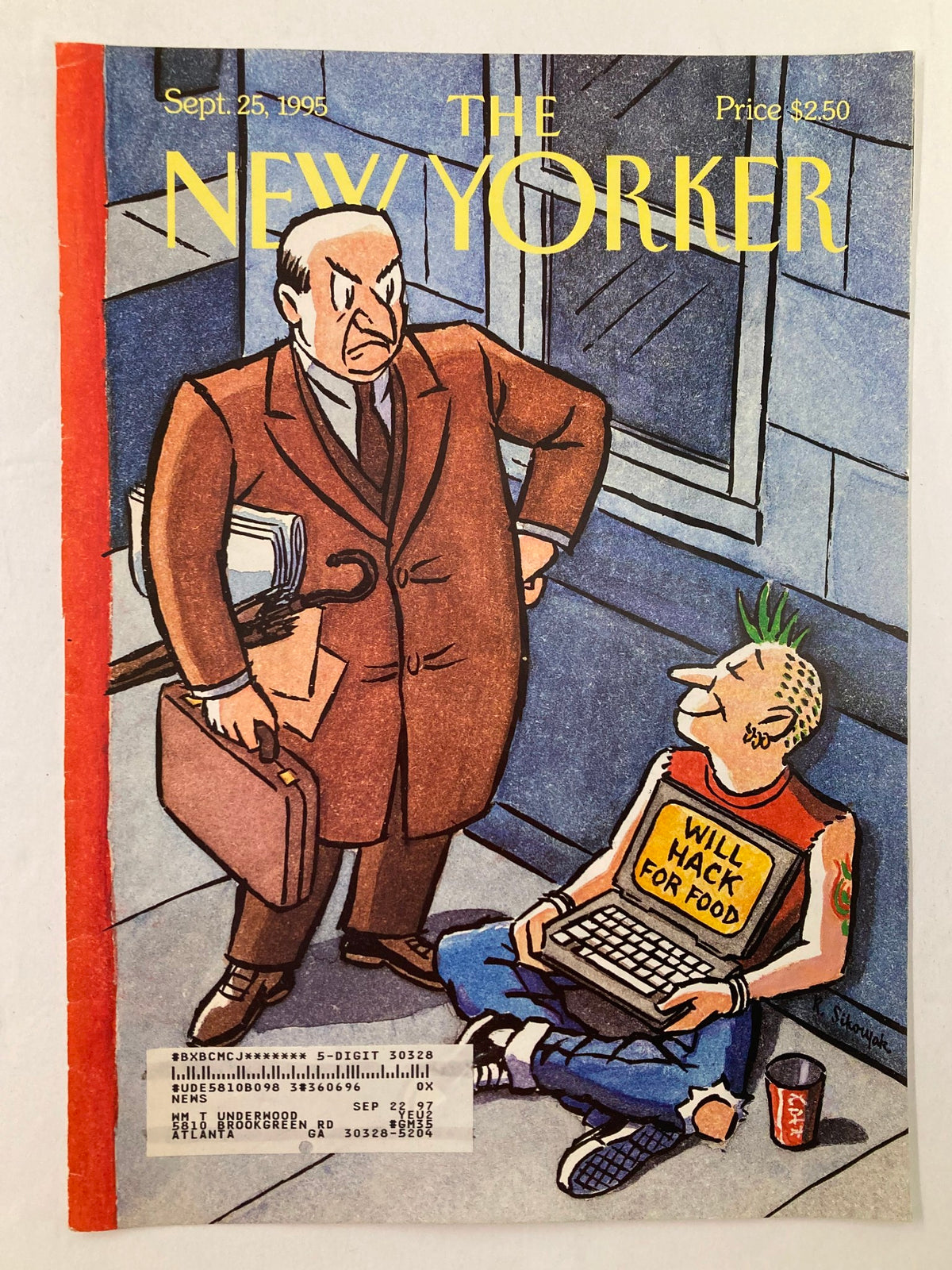 The New Yorker September 25 1995 Hacking It cover illustration showing a stern businessman and a punk character with a sign on a laptop highlighting the theme of technology and society.